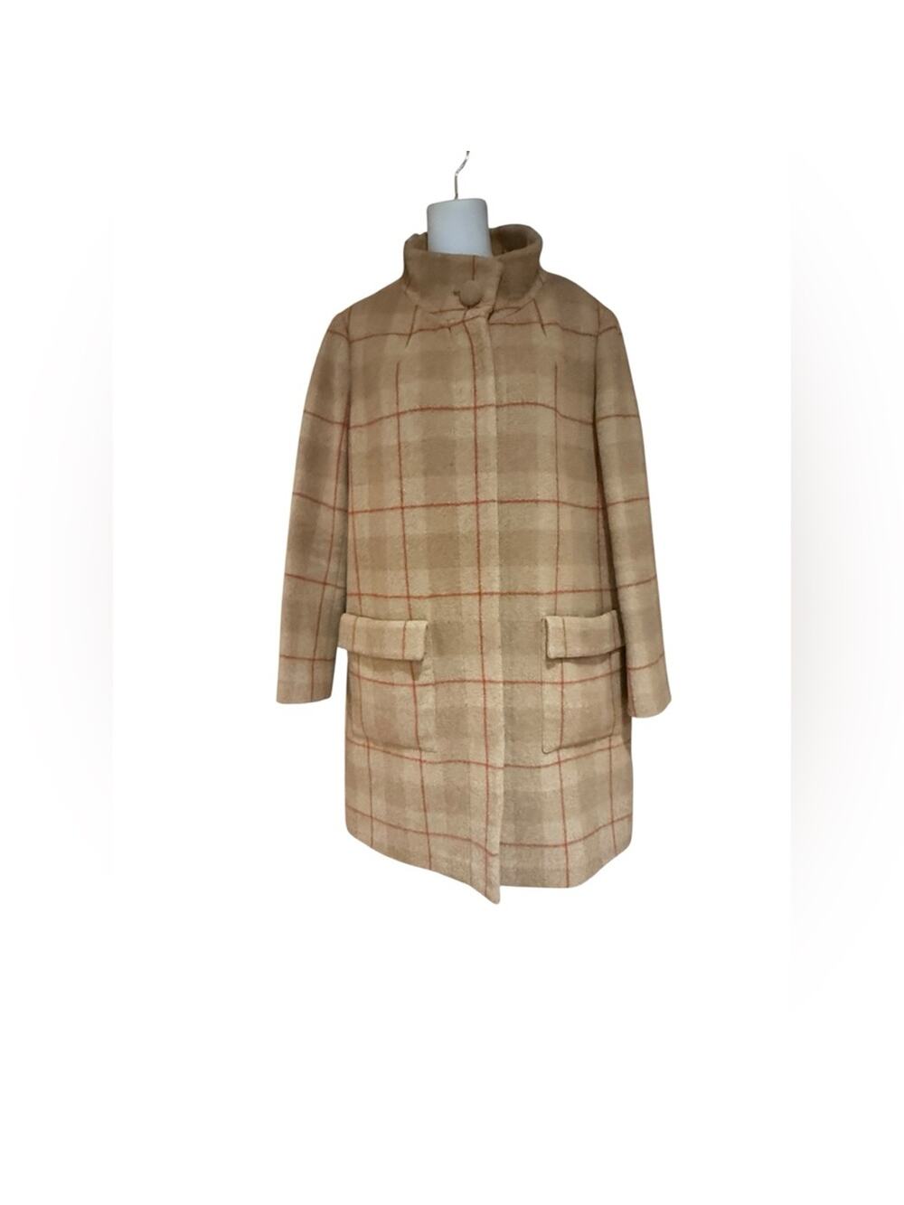 Fossil Beige & Red Plaid Wool Blend Button Front Coat/Jacket Womens Size 8